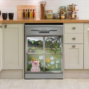 Pig Dishwasher Magnetic Sticker Farm Window Flower Refrigerator Door Magnet Cover Sheet,Animal Bird Fridge Home Appliances Decor Decals 23 W x 26 H Inch