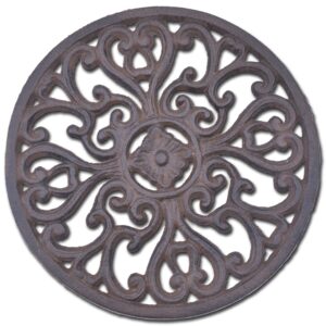 decorative round cast iron trivet ornate heart design 7" wide