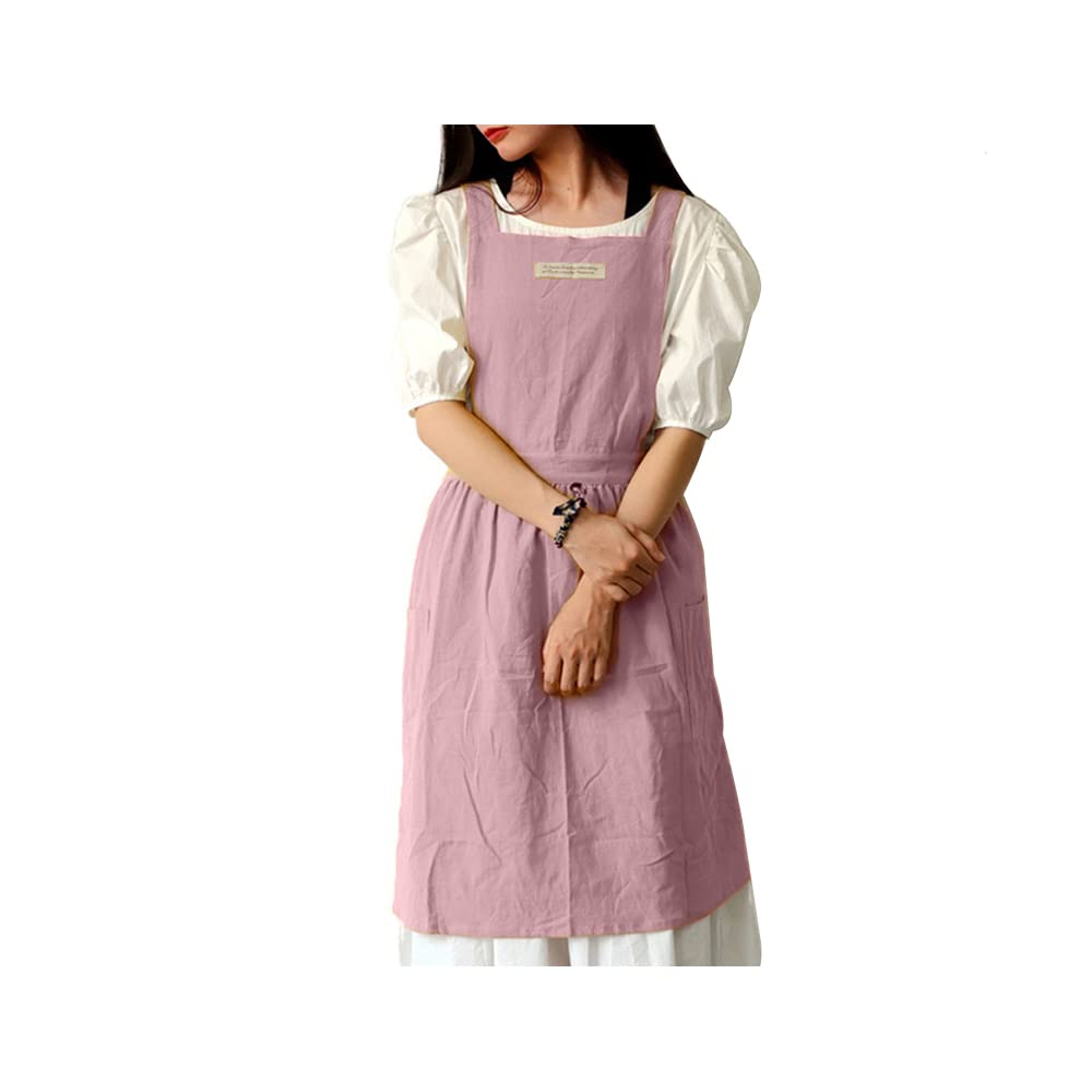 Funwaretech Cross Back Art Apron with Pockets Apron for Women Girls,Japanese Cute Cotton/Linen Cooking Gardening Painting Cleaning Florist Pottery Pinafore Apron with Waist Ties-Pink