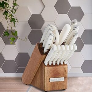 Sabatier 15-Piece Forged Triple Rivet Knife Block Set, High-Carbon Stainless Steel Kitchen Knives, Razor-Sharp Knife set with Acacia Wood Block, White Handles