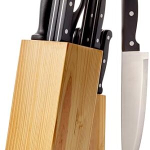 Amazon Basics 14-Piece Kitchen Knife Set with High-Carbon Stainless-Steel Blades and Pine Wood Block, Black