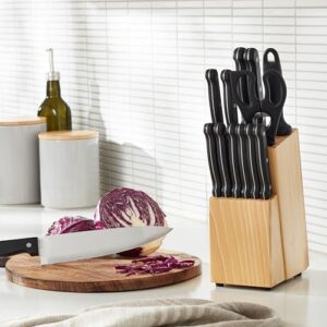 Amazon Basics 14-Piece Kitchen Knife Set with High-Carbon Stainless-Steel Blades and Pine Wood Block, Black