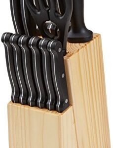 Amazon Basics 14-Piece Kitchen Knife Set with High-Carbon Stainless-Steel Blades and Pine Wood Block, Black