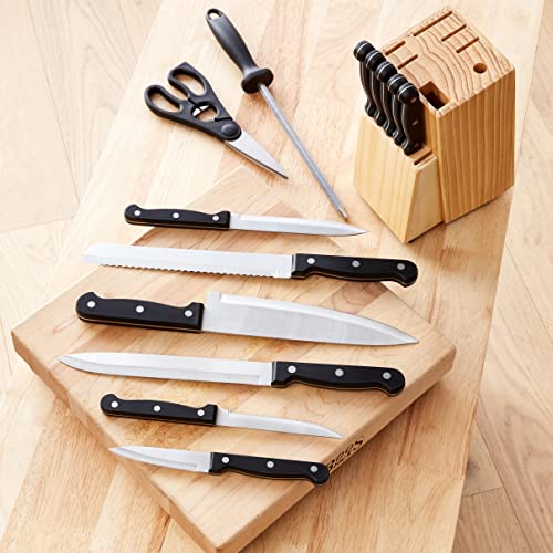 Amazon Basics 14-Piece Kitchen Knife Set with High-Carbon Stainless-Steel Blades and Pine Wood Block, Black