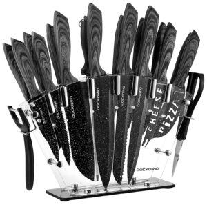 Dockorio all in one Kitchen Knife Set with Block, 19 PCS High Carbon Stainless Steel Sharp Serrated Steak Knives Set, Chef Knives, Bread Knife, Scissor, Sharpener,