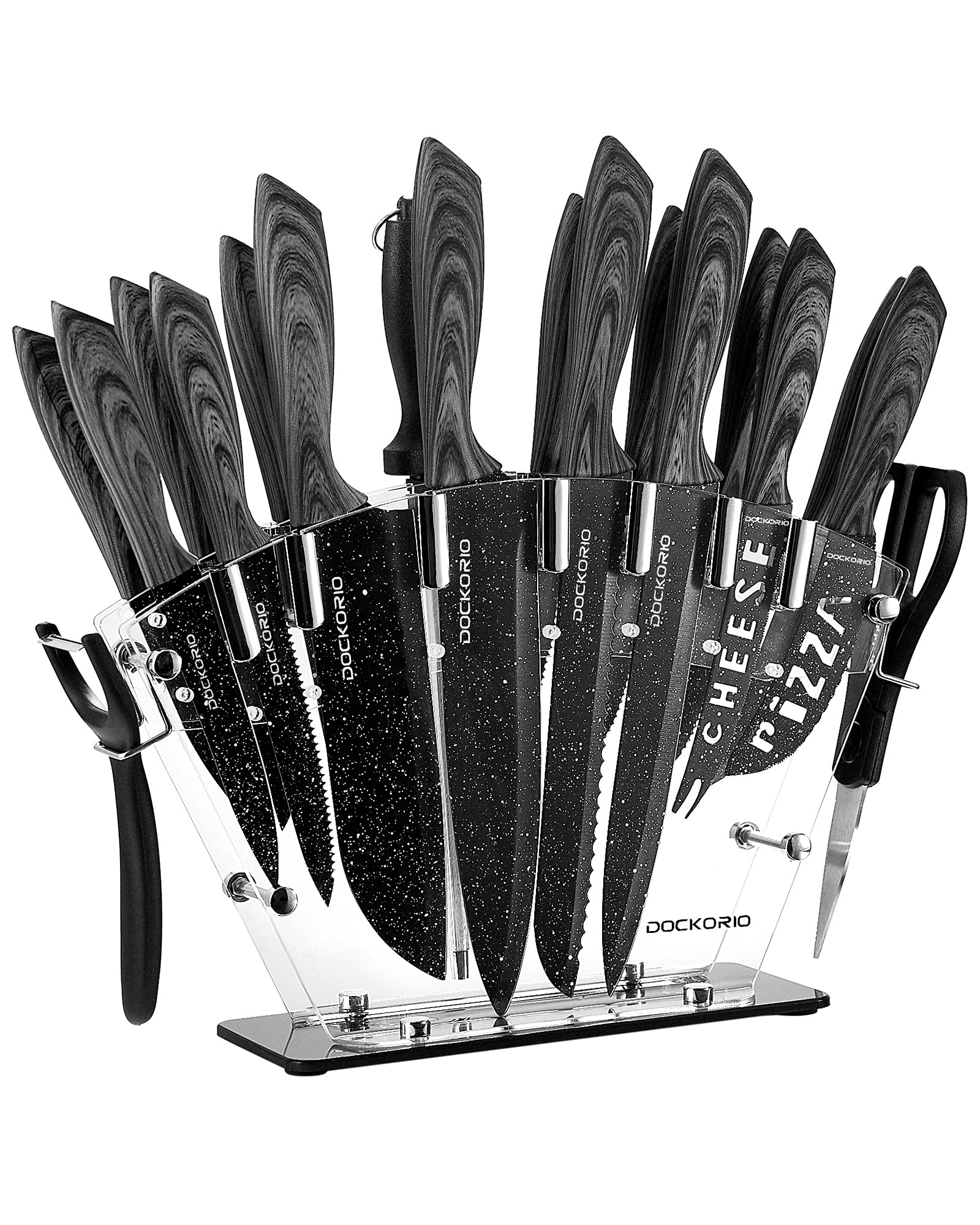 Dockorio all in one Kitchen Knife Set with Block, 19 PCS High Carbon Stainless Steel Sharp Serrated Steak Knives Set, Chef Knives, Bread Knife, Scissor, Sharpener,