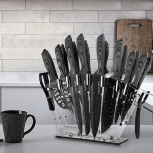 Dockorio all in one Kitchen Knife Set with Block, 19 PCS High Carbon Stainless Steel Sharp Serrated Steak Knives Set, Chef Knives, Bread Knife, Scissor, Sharpener,