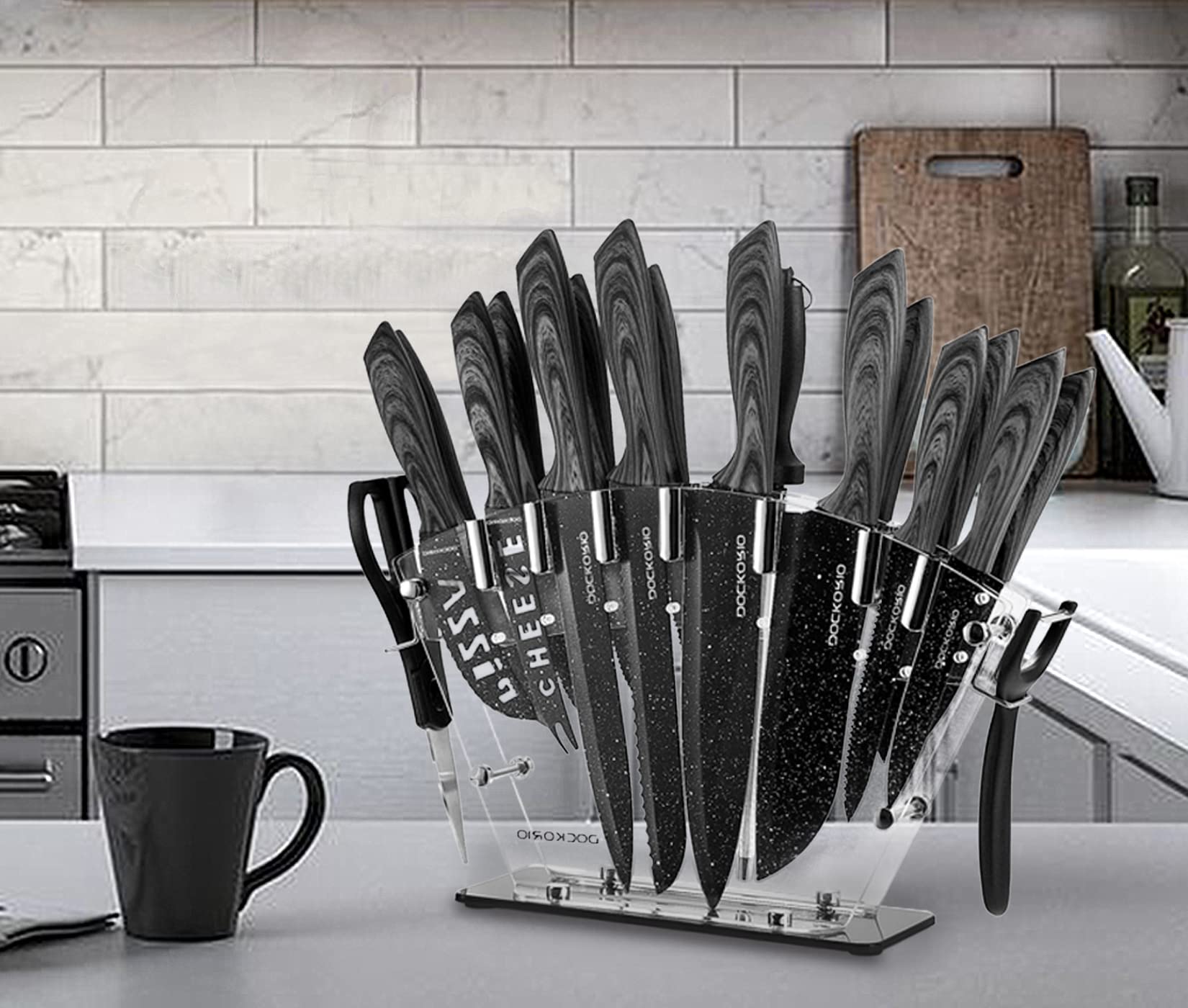 Dockorio all in one Kitchen Knife Set with Block, 19 PCS High Carbon Stainless Steel Sharp Serrated Steak Knives Set, Chef Knives, Bread Knife, Scissor, Sharpener,