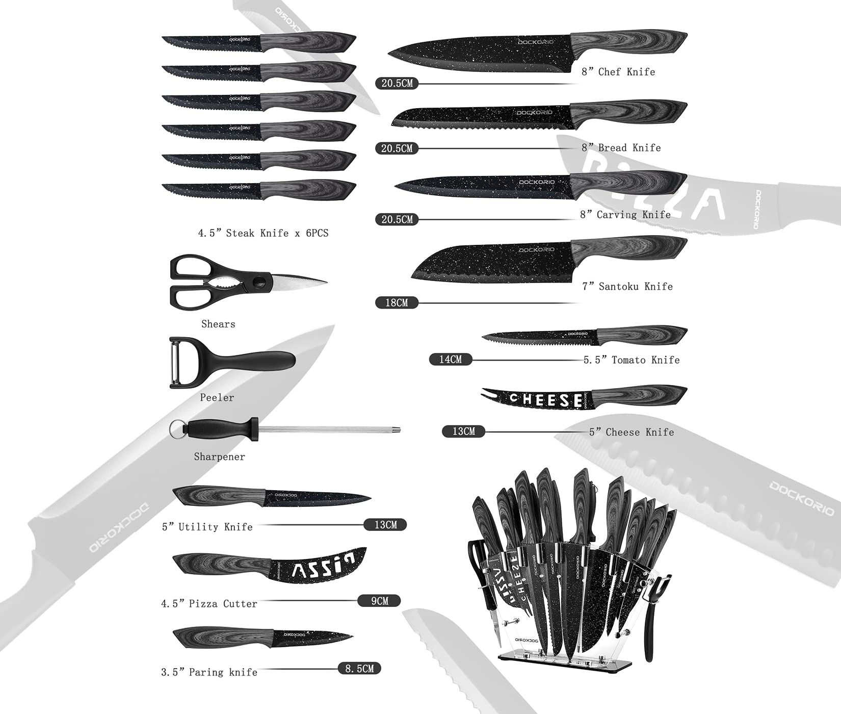 Dockorio all in one Kitchen Knife Set with Block, 19 PCS High Carbon Stainless Steel Sharp Serrated Steak Knives Set, Chef Knives, Bread Knife, Scissor, Sharpener,