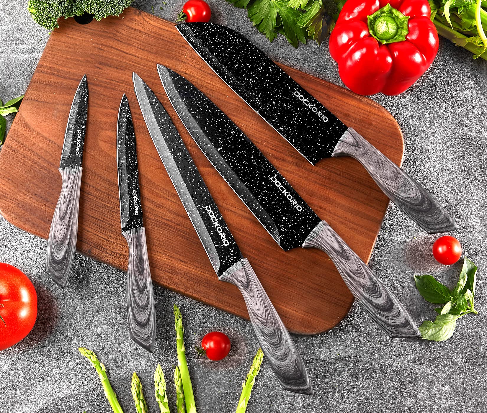 Dockorio all in one Kitchen Knife Set with Block, 19 PCS High Carbon Stainless Steel Sharp Serrated Steak Knives Set, Chef Knives, Bread Knife, Scissor, Sharpener,