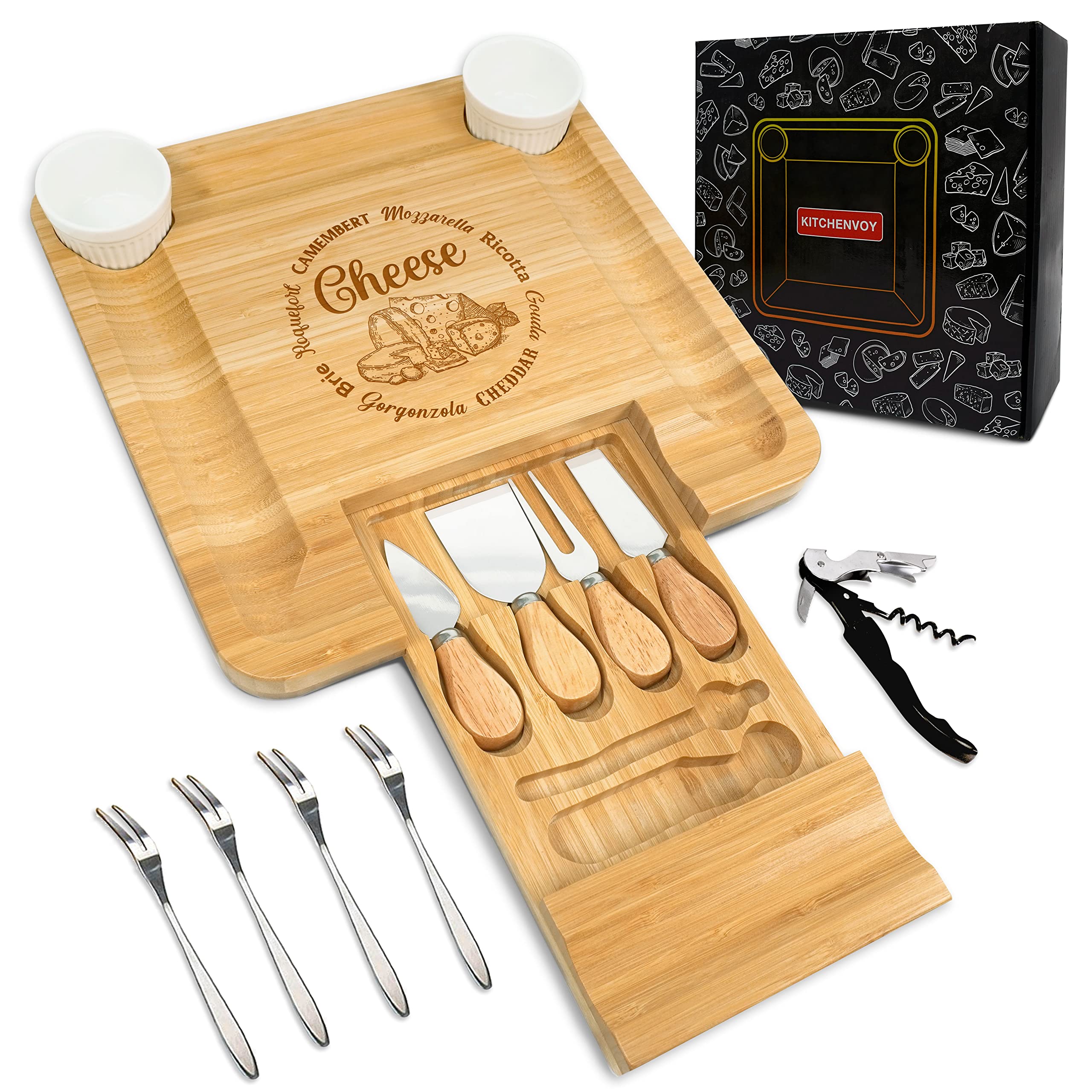 KITCHENVOY Bamboo Cheese Board Set with Slide-Out Drawer, Knife Set, Ceramic Bowls - Every Cheese Name - Charcuterie Boards Gift Set for Christmas, Birthday, Housewarming, Wedding - New Home Gift