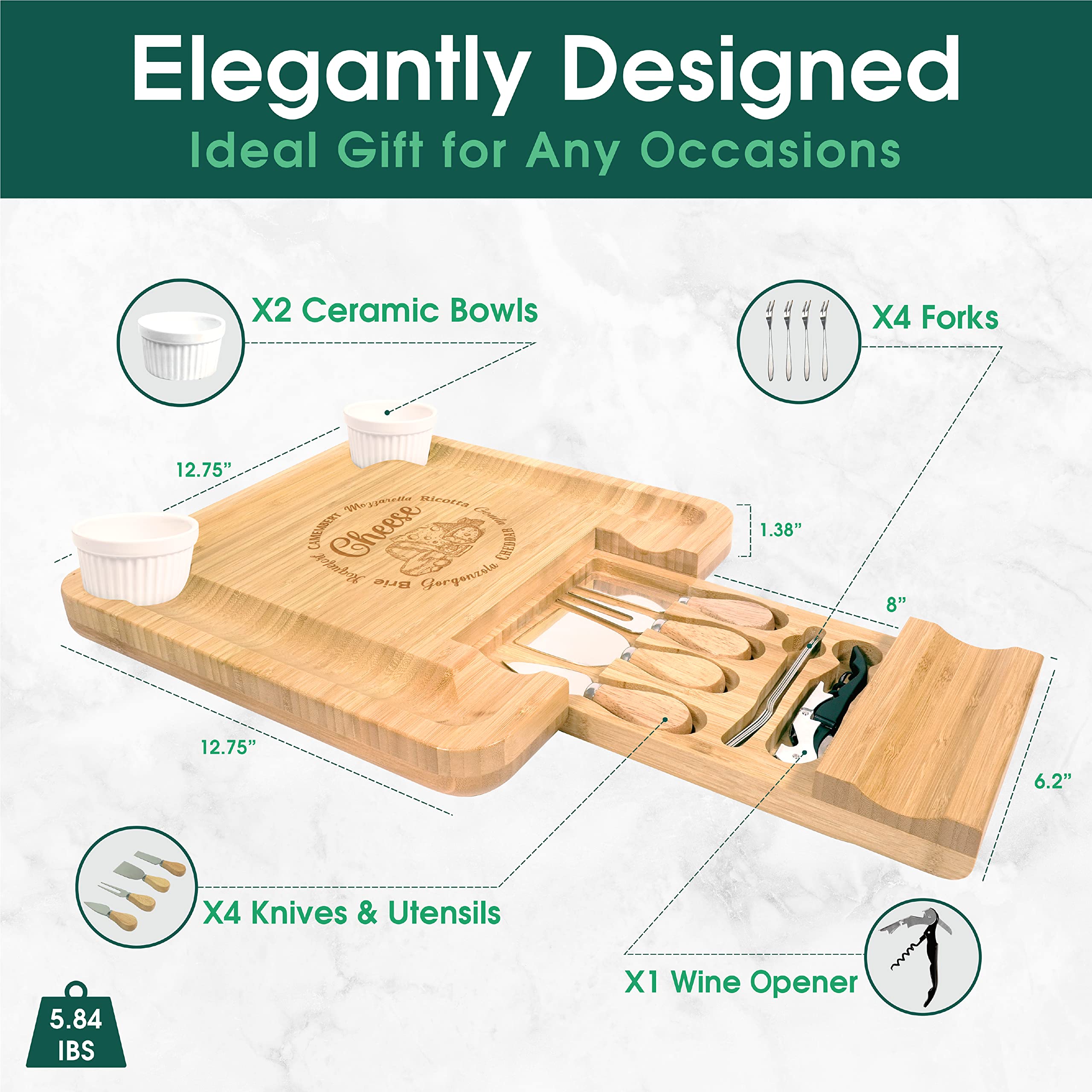 KITCHENVOY Bamboo Cheese Board Set with Slide-Out Drawer, Knife Set, Ceramic Bowls - Every Cheese Name - Charcuterie Boards Gift Set for Christmas, Birthday, Housewarming, Wedding - New Home Gift