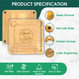 KITCHENVOY Bamboo Cheese Board Set with Slide-Out Drawer, Knife Set, Ceramic Bowls - Every Cheese Name - Charcuterie Boards Gift Set for Christmas, Birthday, Housewarming, Wedding - New Home Gift