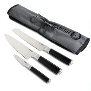 babish german high-carbon 1.4116 steel cutlery, 3-piece (chef knife, bread knife, & pairing knife) w/kitchen knife roll