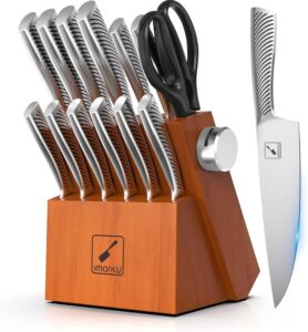 imarku knife set with block for kitchen, 14pcs high carbon stainless steel knife set, one-piece dishwasher safe kitchen knives set, chef knife set with built-in sharpener, non-slip ergonomic handle