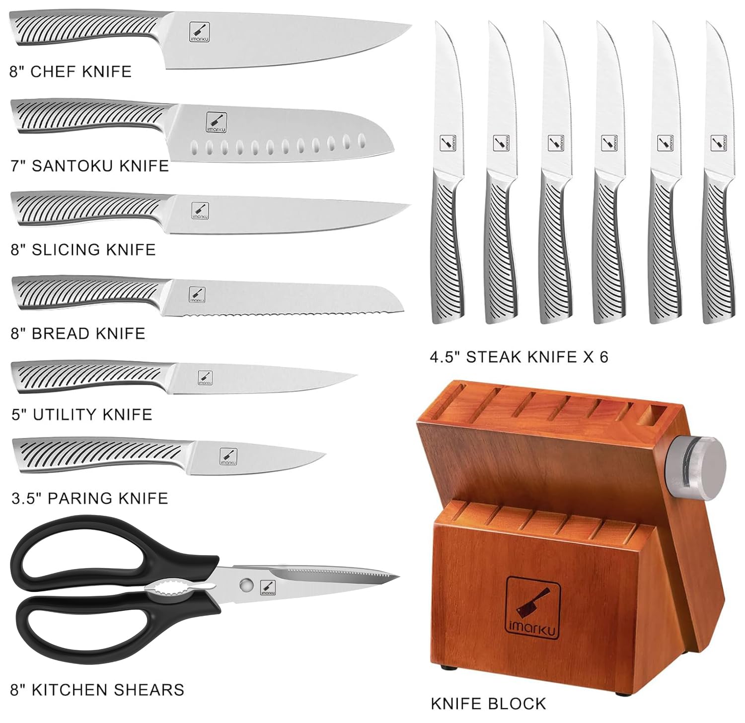 imarku Knife Set with Block for Kitchen, 14PCS High Carbon Stainless Steel Knife Set, One-piece Dishwasher Safe Kitchen Knives Set, Chef Knife Set with Built-in Sharpener, Non-slip Ergonomic Handle