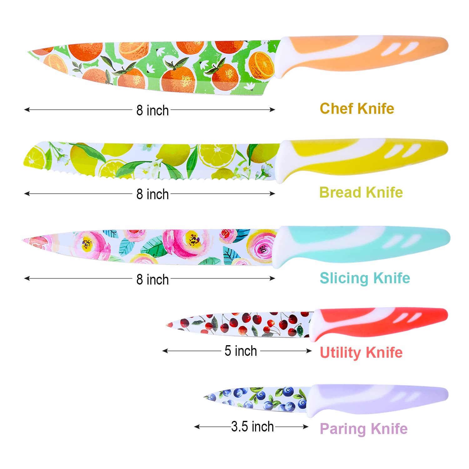 UPTRUST Knife Set, 10-piece Kitchen Knife Set Nonstick Coated with 5 Blade Guard, Multicolored Fruit Knives, Pioneer Woman Knife Set for Christmas Gifts
