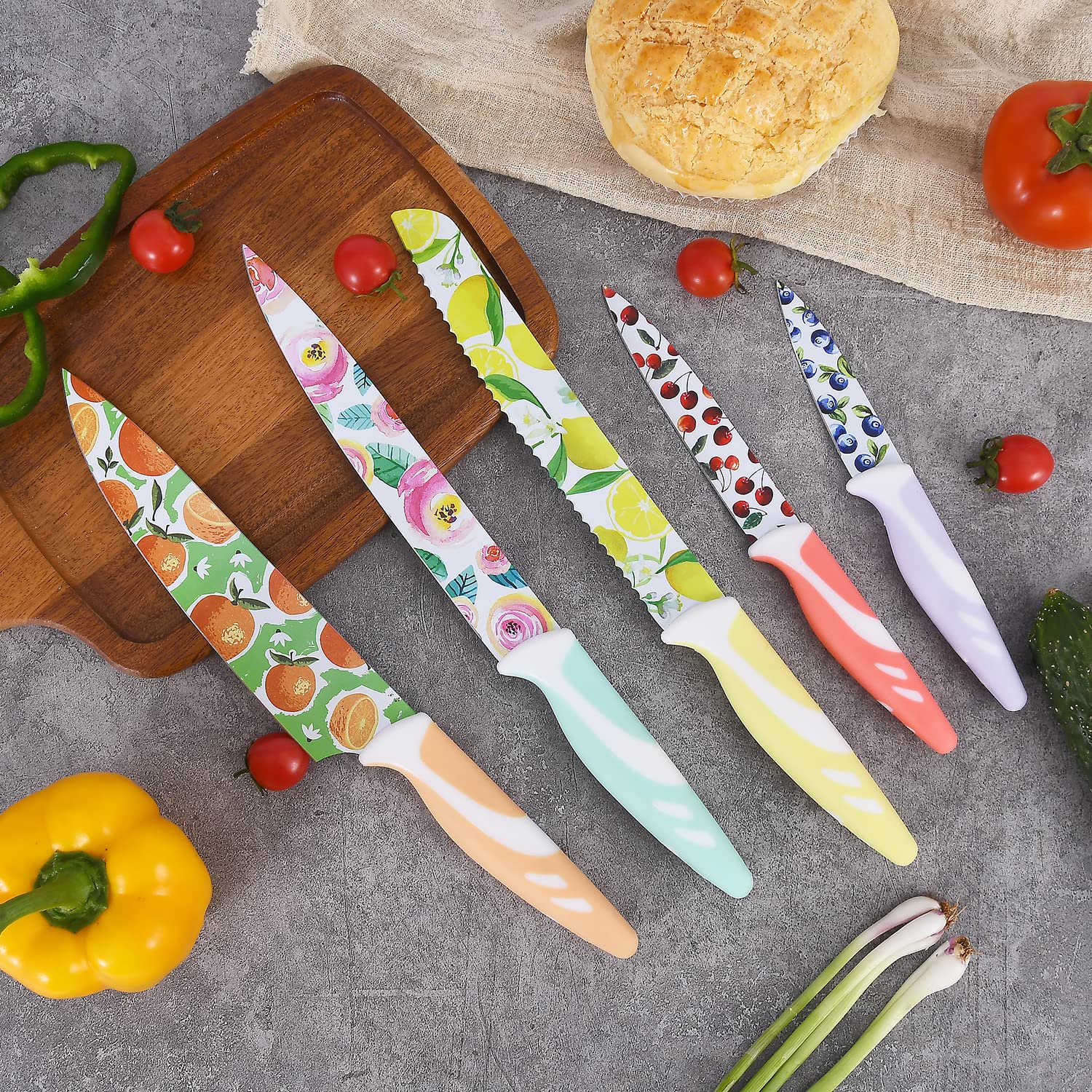 UPTRUST Knife Set, 10-piece Kitchen Knife Set Nonstick Coated with 5 Blade Guard, Multicolored Fruit Knives, Pioneer Woman Knife Set for Christmas Gifts