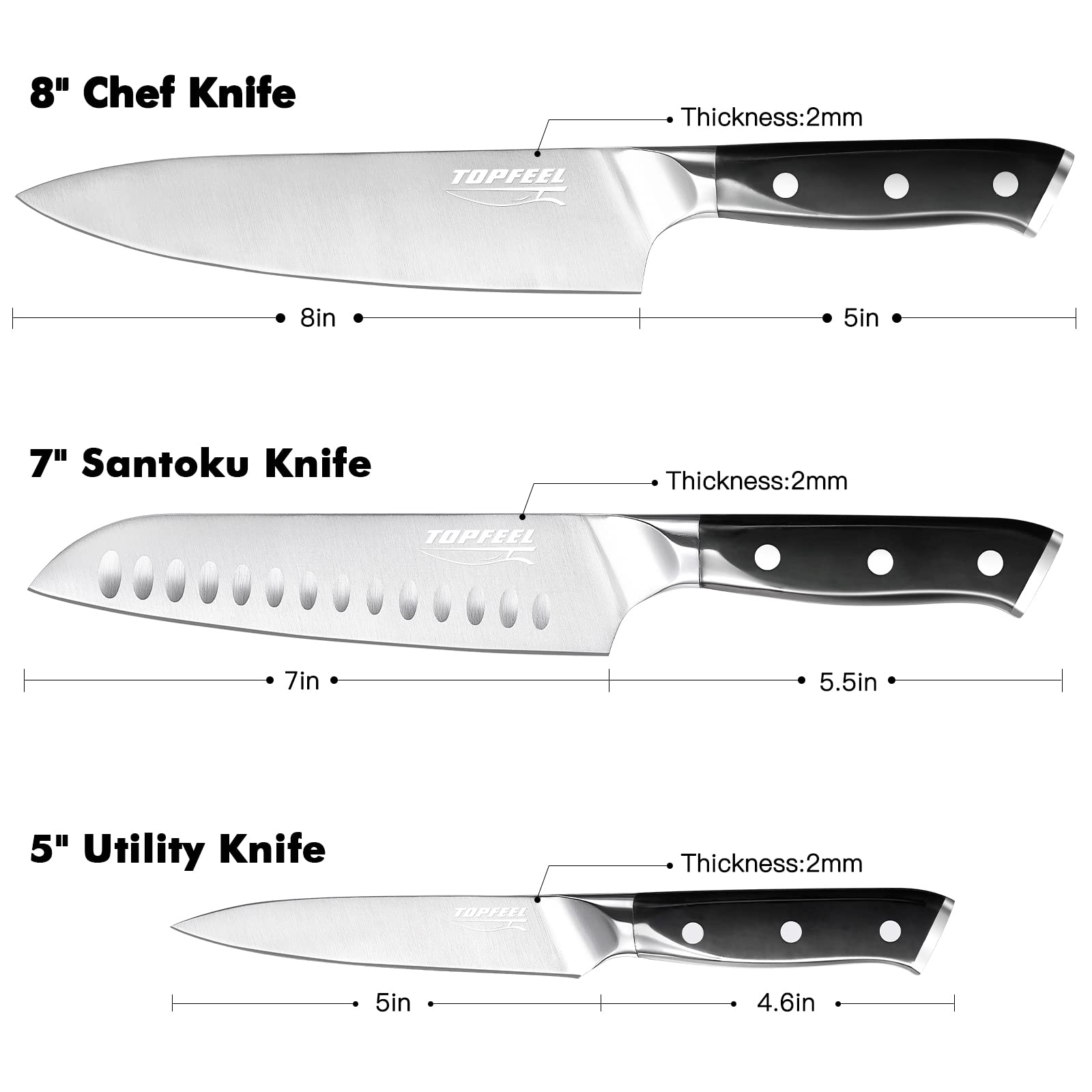 Topfeel Professional Chef Knife Set Sharp Knife, German High Carbon Stainless Steel Kitchen Knife Set 3 PCS-8" Chefs Knife &7" Santoku Knife&5" Utility Knife, Knives Set for Kitchen with Gift Box