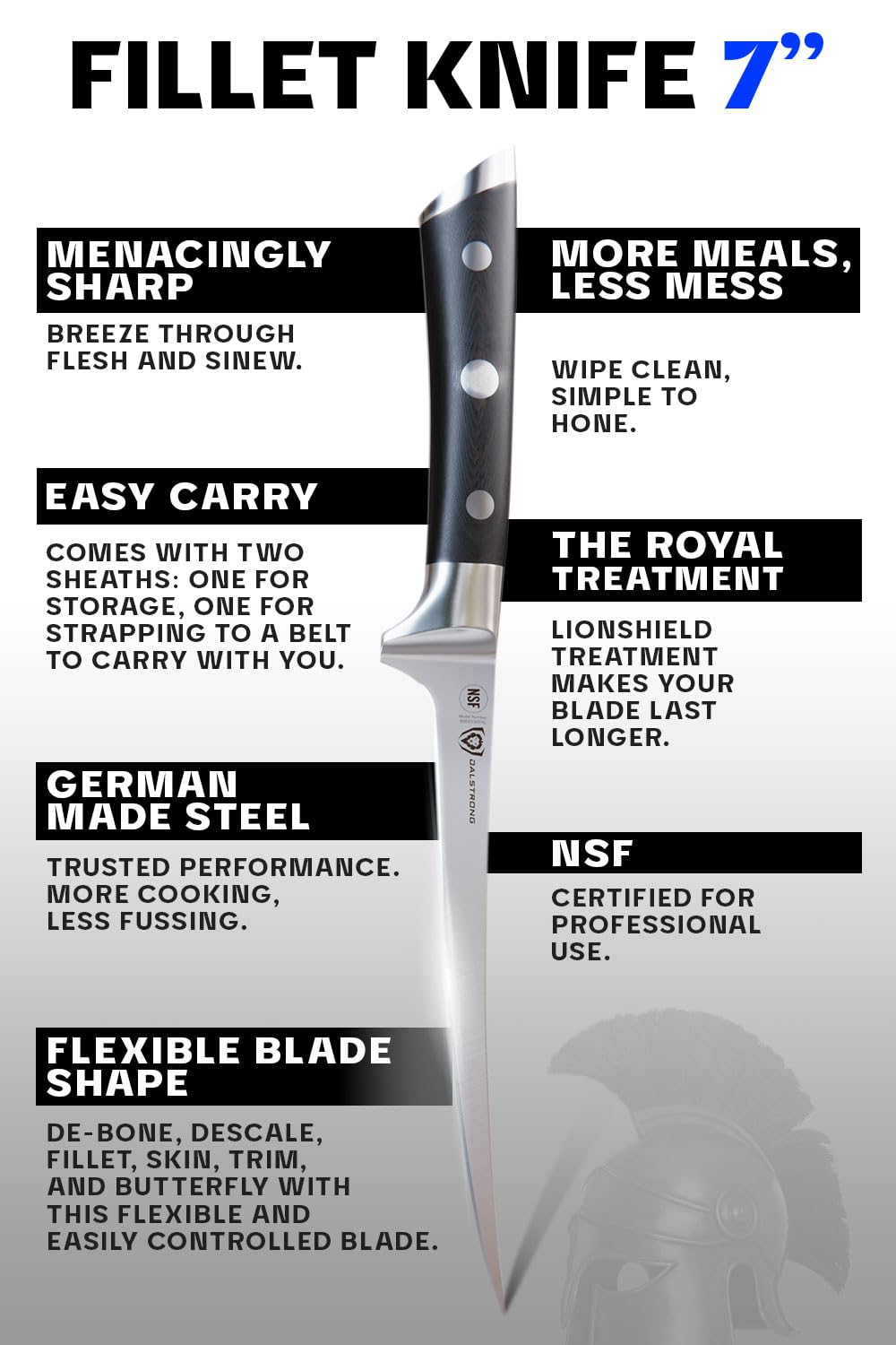 Dalstrong Fillet Knife - 7 inch Flexible Blade - Gladiator Series Elite - High Carbon German Steel - Black G10 Handle Boning Knife - w/Two Sheaths - Razor Sharp Kitchen Knife - NSF Certified