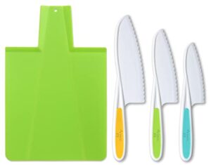tovla jr kids kitchen montessori knives and foldable cutting board set: children's safety cooking knives in 3 sizes & colors/firm grip, serrated edges, bpa-free kids' /safe lettuce knives (green)