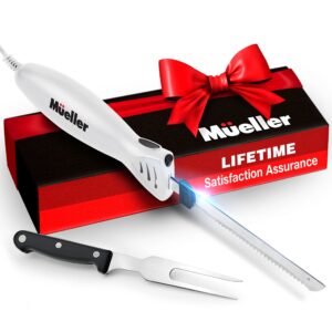 mueller ultra-carver electric knife for carving meats, poultry, bread, crafting foam. stainless steel blades, powerful motor, ergonomic handle, one-touch on/off button, serving fork included, white