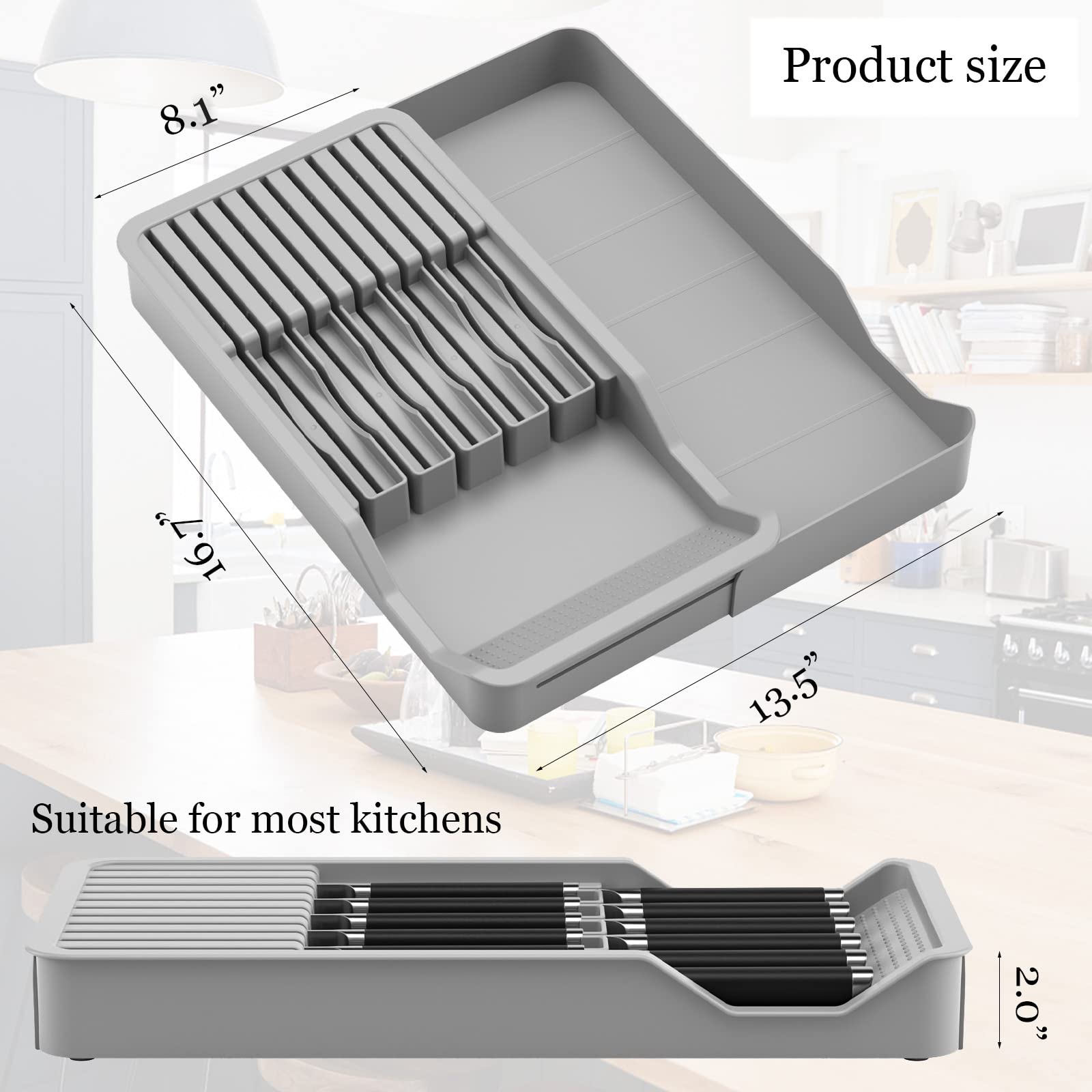 Mulikeer Knife Holder, In Drawer Knife Block Holder with Expandable Cutlery Tray Kitchen Drawer Organizer Insert-Holds 11 Knives for Save Space & Kitchen Safety (Drawer knife holder, Plastic)