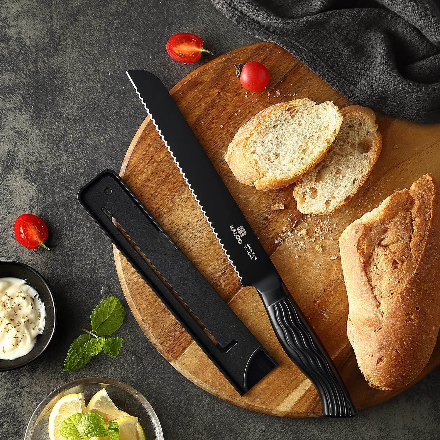 KALOO Serrated Bread Knife, Bread Knife For Homemade Bread, Professional Bread Cutter & Bread Slicers, Ultra Sharp German Stainless Steel, Full Tang With Sheath (8-Inch Blade With 5-inch Handle)