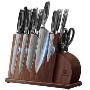 piklohas kitchen knife sets for kitchen with block, 14 pieces with magnetic knife holder, german high carbon stainless steel damascus pattern chef knife set with sharpener, steak knives, black