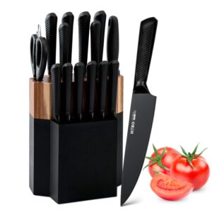 knife block set, 15 piece kitchen knife set with 6 steak knife set with sharpener chef knife high german carbon stainless steel knife with wooden block bread knife boxed