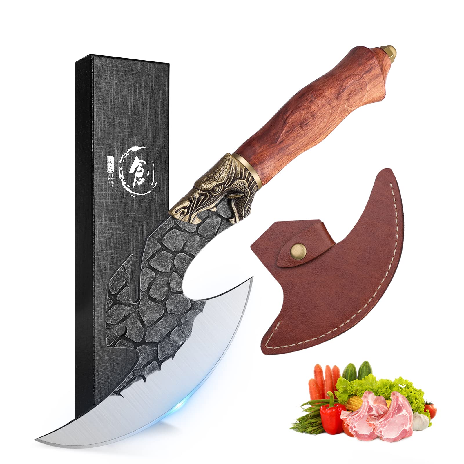 ROCOCO Viking Cleaver Knife Butcher Meat Cutting Boning Knife Hand Forged Chinese Kitchen Axe with Sheath Home Outdoor BBQ Camping Birthday Thanksgiving Christmas Gift Men