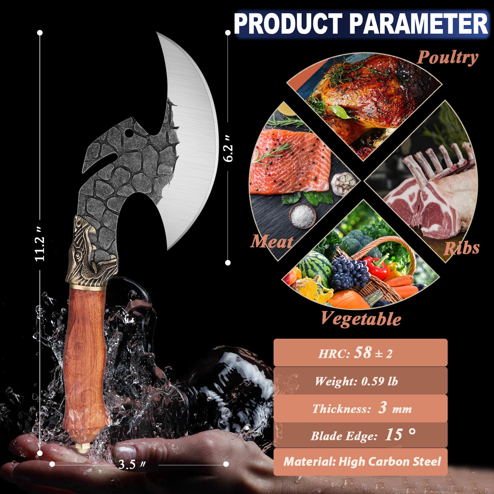 ROCOCO Viking Cleaver Knife Butcher Meat Cutting Boning Knife Hand Forged Chinese Kitchen Axe with Sheath Home Outdoor BBQ Camping Birthday Thanksgiving Christmas Gift Men