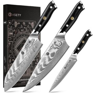 asety damascus knife set 3 pcs, nsf food-safe japanese kitchen knife set with vg10 steel core, ultra-sharp professional chef knife set and full tang g10 handle, gift box