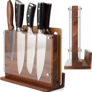 Kitchen Magnetic Knife Block with Acrylic Shield Acacia Wood Double Side Knife Holder Rack Stands with Strong Enhanced Magnets Multifunctional Storage Knife Stand for Kitchen Cutlery Display Organizer