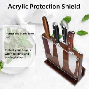 Kitchen Magnetic Knife Block with Acrylic Shield Acacia Wood Double Side Knife Holder Rack Stands with Strong Enhanced Magnets Multifunctional Storage Knife Stand for Kitchen Cutlery Display Organizer