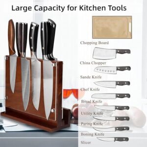 Kitchen Magnetic Knife Block with Acrylic Shield Acacia Wood Double Side Knife Holder Rack Stands with Strong Enhanced Magnets Multifunctional Storage Knife Stand for Kitchen Cutlery Display Organizer