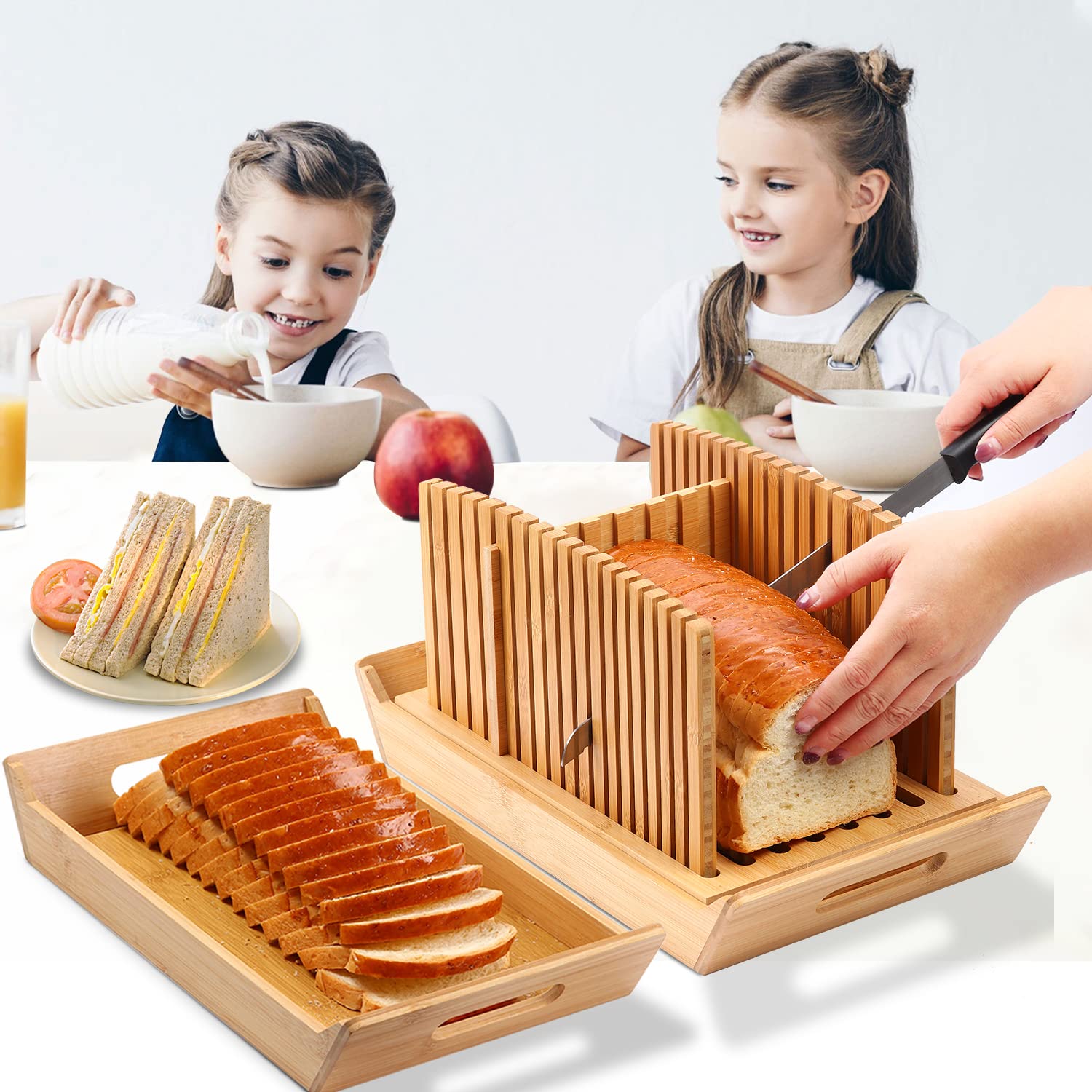 Kiss Core Premium Bamboo Bread Slicer for Homemade Bread, Crumb Catcher, Foldable and Compact Loaf Cutter 3 Size Slicing Guide