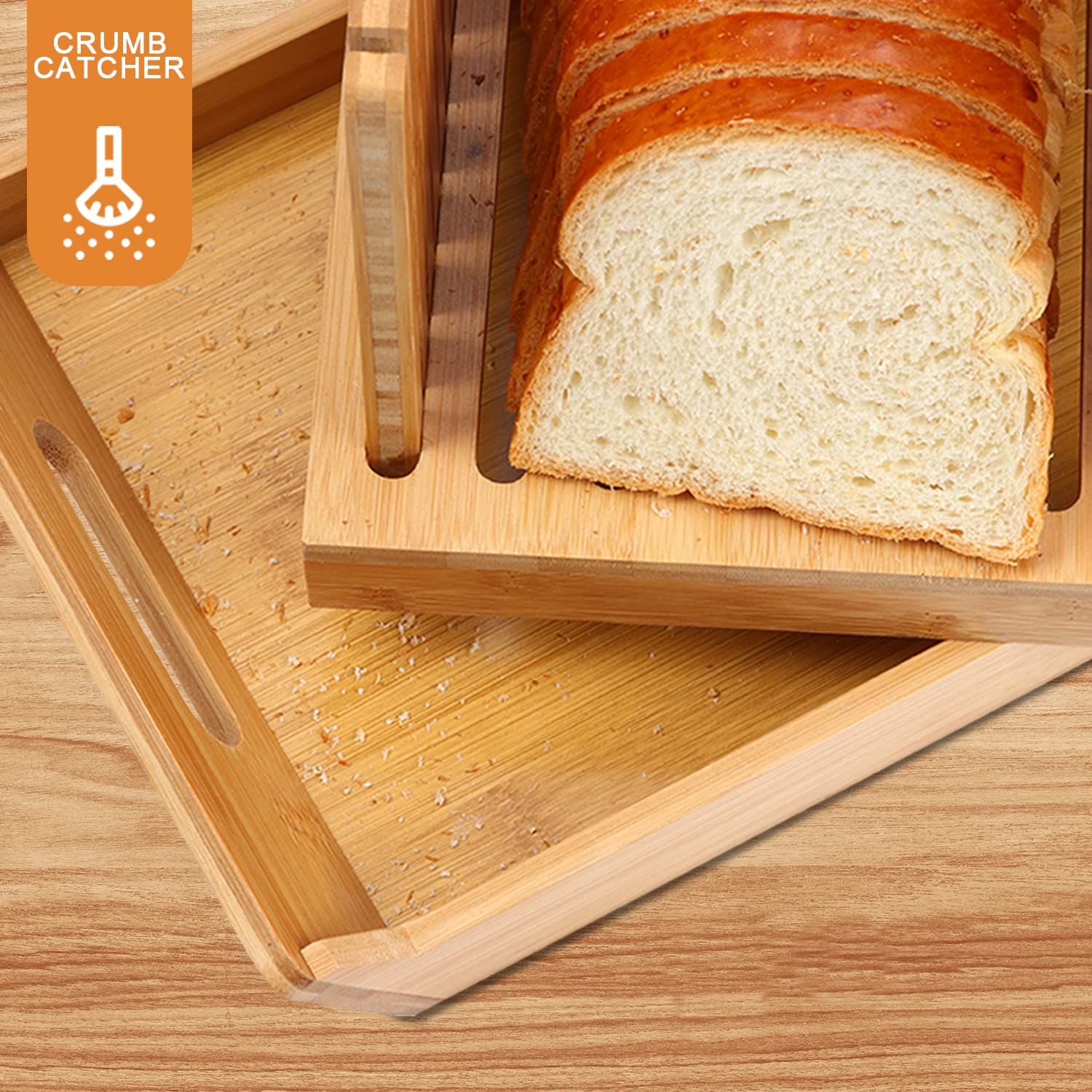 Kiss Core Premium Bamboo Bread Slicer for Homemade Bread, Crumb Catcher, Foldable and Compact Loaf Cutter 3 Size Slicing Guide