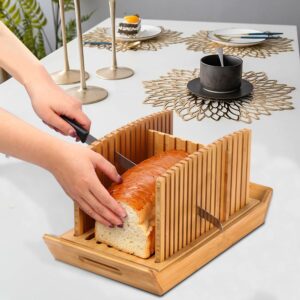 Kiss Core Premium Bamboo Bread Slicer for Homemade Bread, Crumb Catcher, Foldable and Compact Loaf Cutter 3 Size Slicing Guide