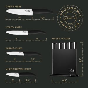 Vos Ceramic Knife Set, Ceramic Knives Set For Kitchen, Ceramic Kitchen Knives With Holder, Ceramic Paring Knife 3", 4", 5", 6" Inch Black