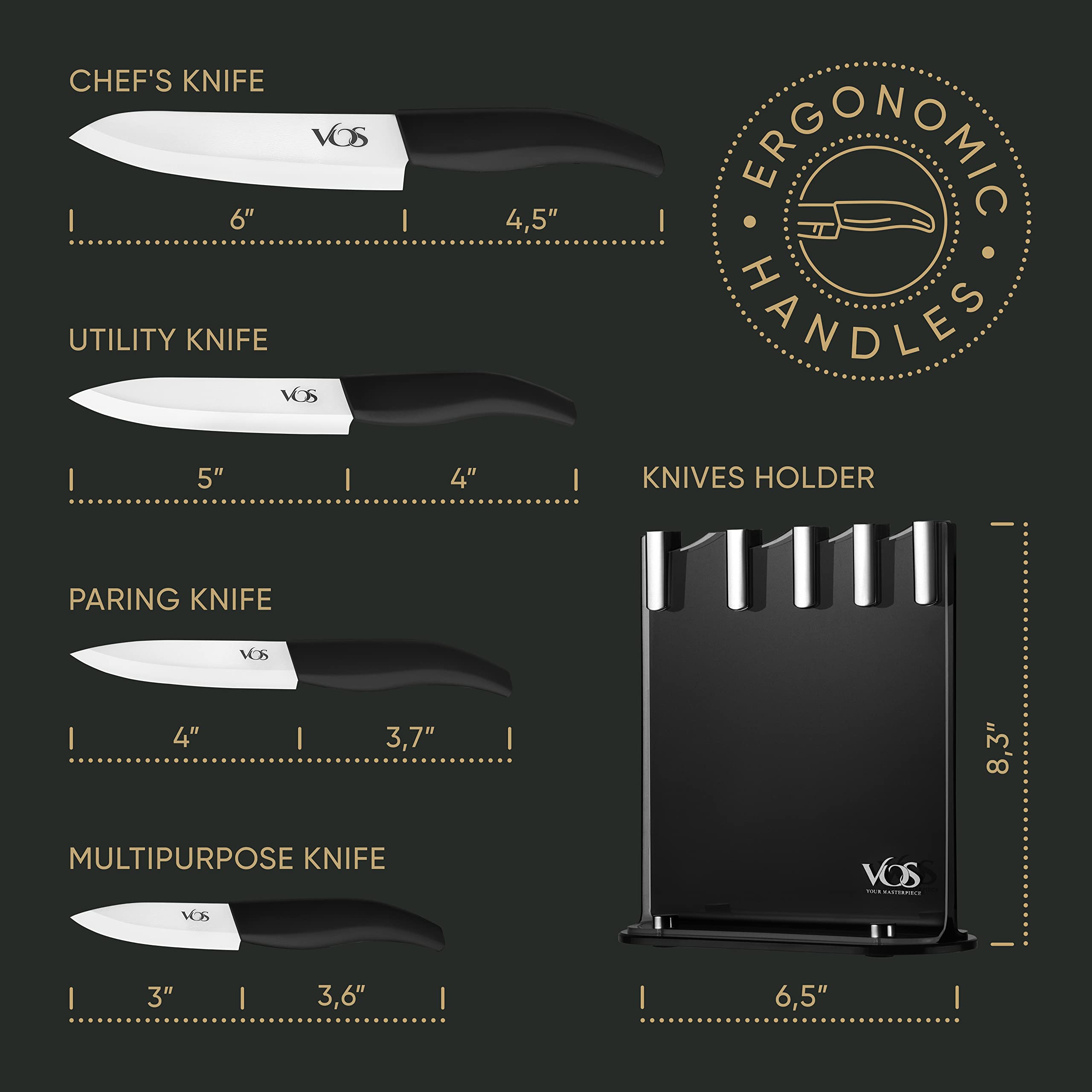 Vos Ceramic Knife Set, Ceramic Knives Set For Kitchen, Ceramic Kitchen Knives With Holder, Ceramic Paring Knife 3", 4", 5", 6" Inch Black