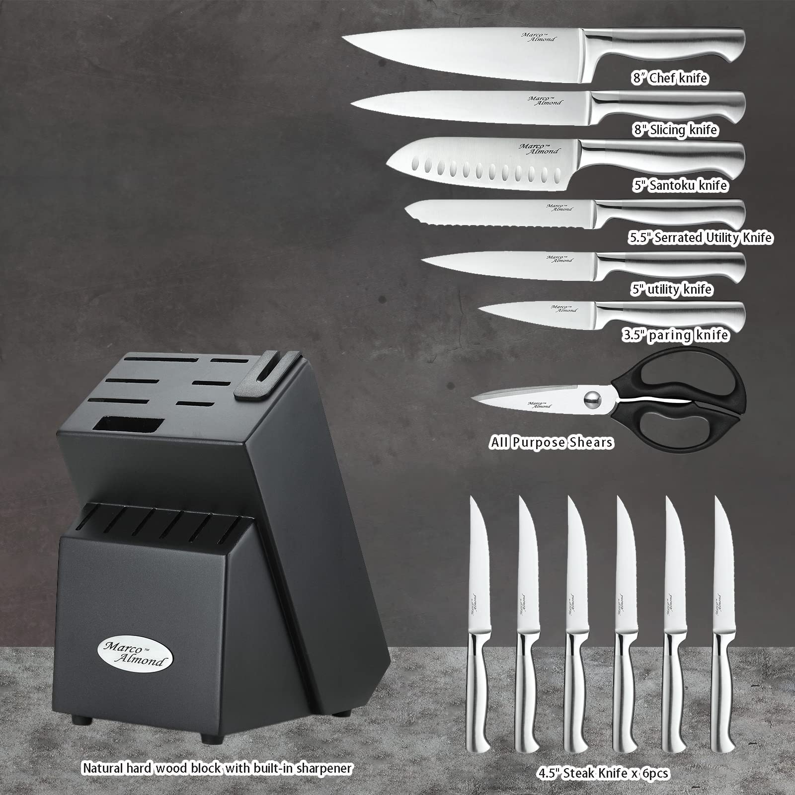 Marco Almond® Knife Set with Block KYA28, 14 Pieces Stainless Steel Chef Cutlery Kitchen Knives Block Set with Built-in Sharpener