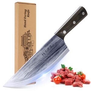 holafolks chef knife, anti-rust oil coating dividing knife boning knife hand forged high carbon steel butcher knife for bbq home kitchen restaurant cooking camping