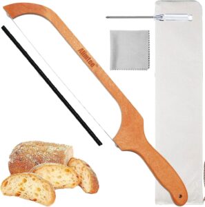 alimtee bread knife for homemade bread, 16" wooden serrated bread slicer gift for friends fiddle bow design easy to cutting, sourdough cutter for homemade - premium stainless steel