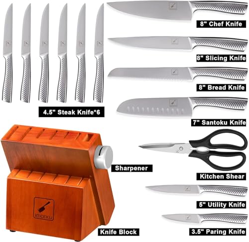 imarku Knife Set,14-Piece Knife Sets for kitchen with block,Premium One-Piece Kitchen Knife Set with Sharpener,High Carbon Stainless Steel Knives Set for Kitchen,Silver,Dishwasher Safe