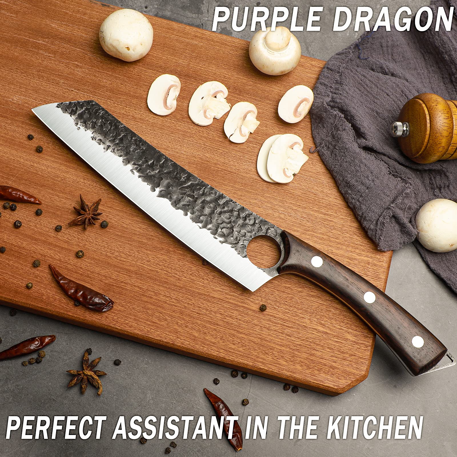 Purple Dragon Chef Knife Meat and Vegetable Cleaver Hand Forged Boning 8.5 Inch Full Tang Design High Carbon Steel Kitchen for Home Restaurant