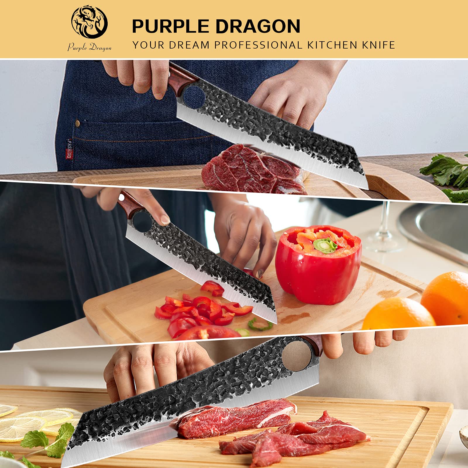 Purple Dragon Chef Knife Meat and Vegetable Cleaver Hand Forged Boning 8.5 Inch Full Tang Design High Carbon Steel Kitchen for Home Restaurant