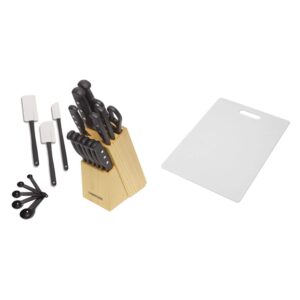 farberware 22-piece never needs sharpening triple rivet high-carbon stainless steel knife block and kitchen tool set, black & 78892-10 farberware plastic cutting board, 11-inch by 14-inch, white