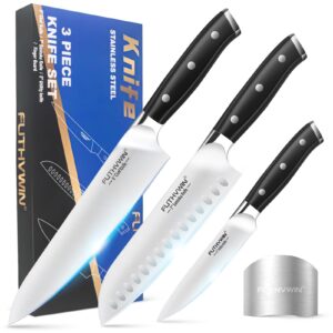 FUTHVWIN Kitchen Knives 3PCS Ultra Sharp Chef Knives, Premium German Stainless Steel Kitchen Knife Set and Finger Guard, Professional Chef Knife Set for Kitchen, Ergonomic Handle and Gift Box