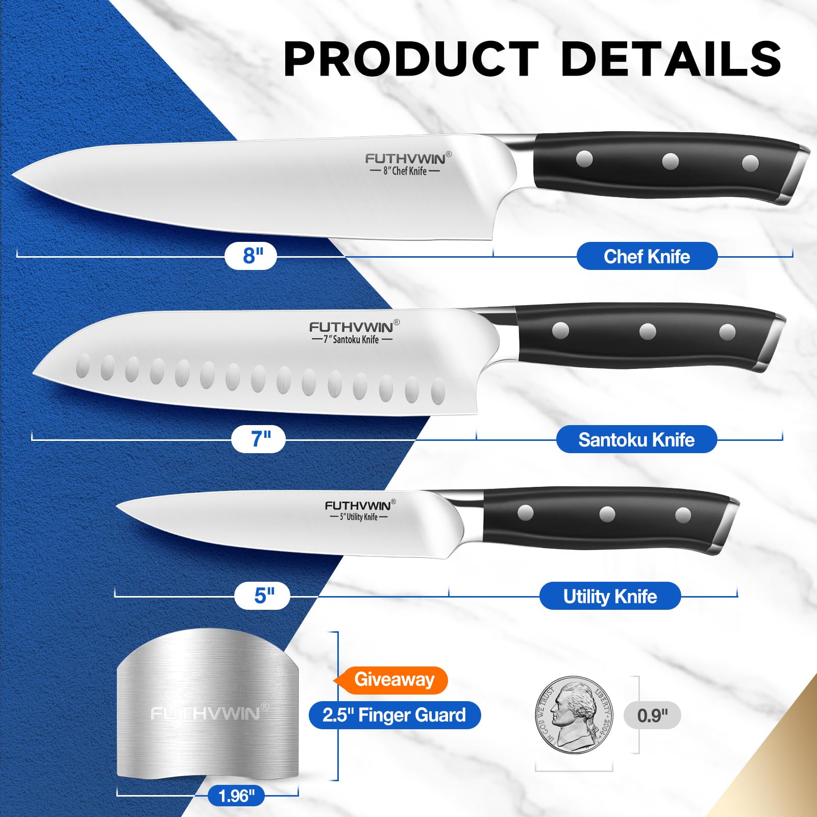 FUTHVWIN Kitchen Knives 3PCS Ultra Sharp Chef Knives, Premium German Stainless Steel Kitchen Knife Set and Finger Guard, Professional Chef Knife Set for Kitchen, Ergonomic Handle and Gift Box